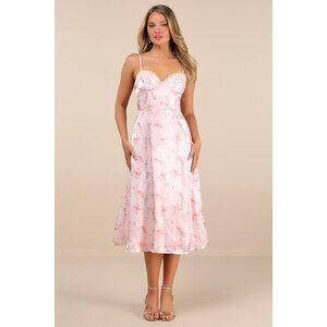 Lulus Selini Blush Pink Floral Satin Bustier Backless Midi Dress - Size M
